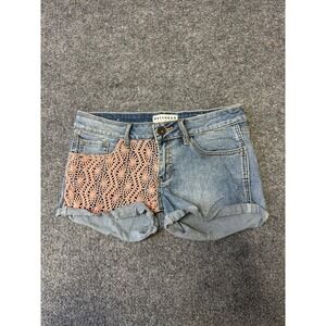 Bullhead Shorts Womens Size 25 Blue Denim Pink Crochet Lace Low Rise Cut Off